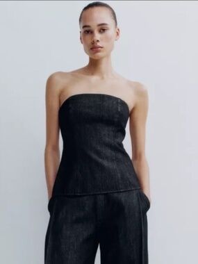 NEW - ZARA Denim Bandeau Top, strapless Dark Indigo Size M